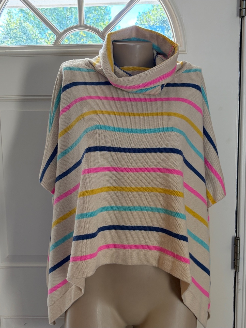 THML Juliana Cream Striped Cowl Neck Poncho Sweater - Multicolor, M/L